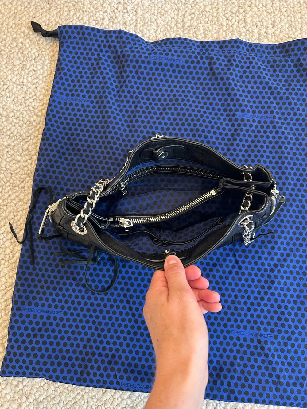 Rebecca Minkoff Black Leather Shoulder Bag with Silver Chain